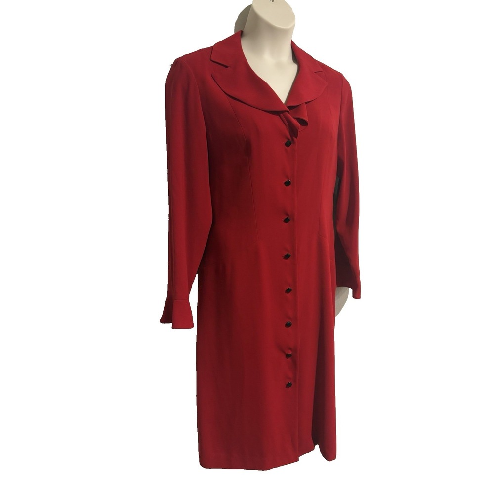 Vtg 90s D.J. Summers Red Coat Dress~L~Rayon Crepe Button Down Ruffle Collar Midi